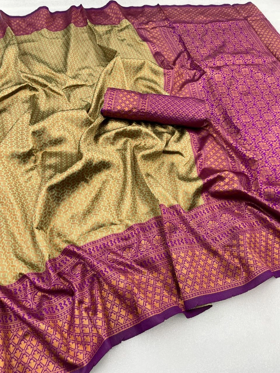 Soft Silk Saree with Copper Jari Work, Rich Design, and Jacquard Border Blouse Piece-Beige-5