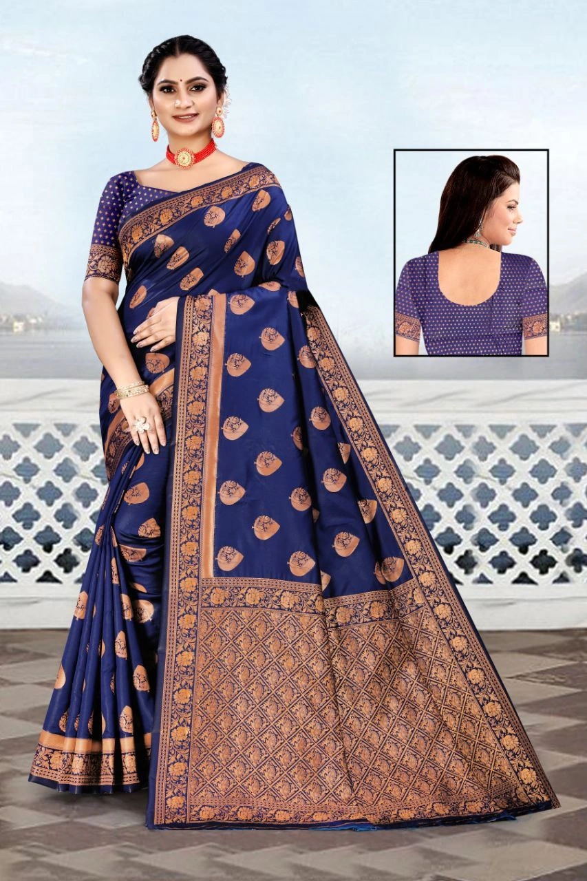 Soft Silk Saree with Copper Jari Work, Rich Design, and Jacquard Border Blouse Piece-SRIKusum-NavyBlue