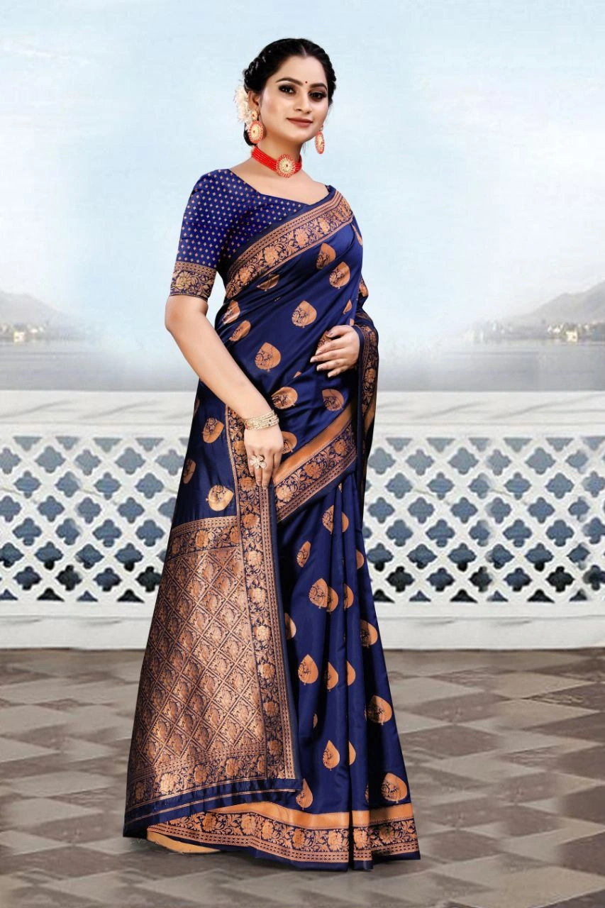 Soft Silk Saree with Copper Jari Work, Rich Design, and Jacquard Border Blouse Piece-Navy Blue-1