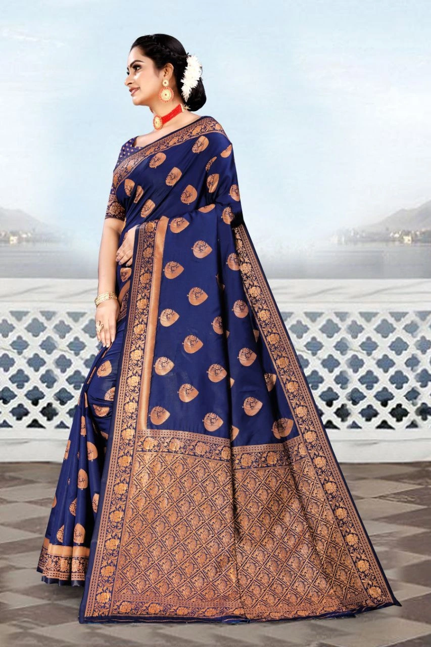 Soft Silk Saree with Copper Jari Work, Rich Design, and Jacquard Border Blouse Piece-Navy Blue-2