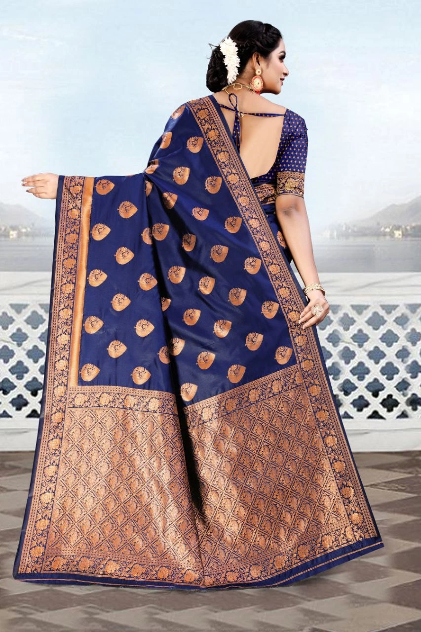 Soft Silk Saree with Copper Jari Work, Rich Design, and Jacquard Border Blouse Piece-Navy Blue-3