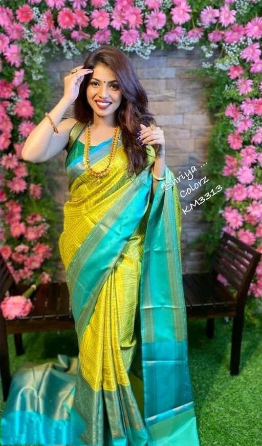 Soft Lichi Silk Saree with Golden Jari, Heavy Jaquard Border &amp; Rich Pallu-SRILemonbox-LemonYellow