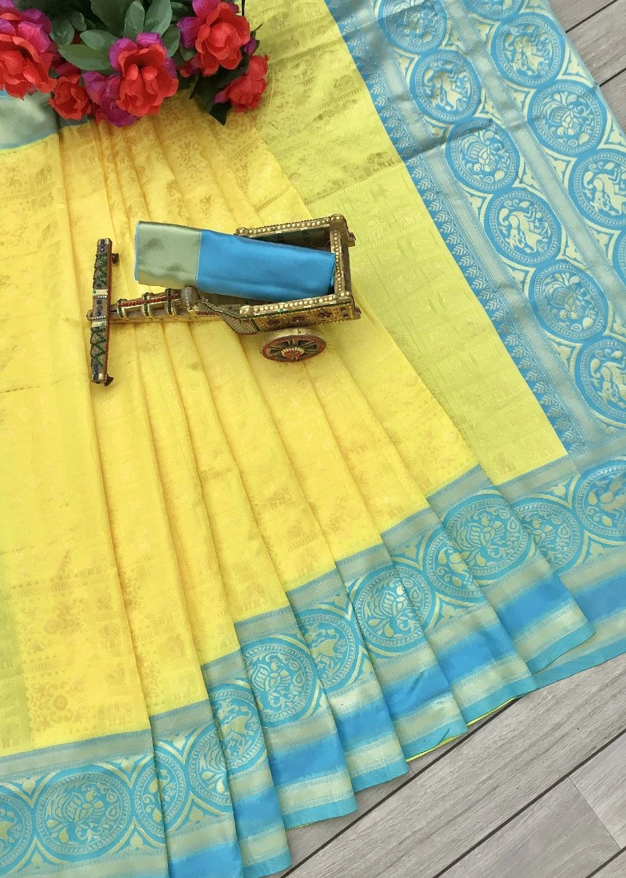 Soft Lichi Silk Saree with Golden Jari, Heavy Jaquard Border &amp; Rich Pallu-Lemon Yellow-4