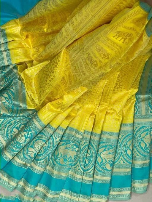 Soft Lichi Silk Saree with Golden Jari, Heavy Jaquard Border &amp; Rich Pallu-Lemon Yellow-5