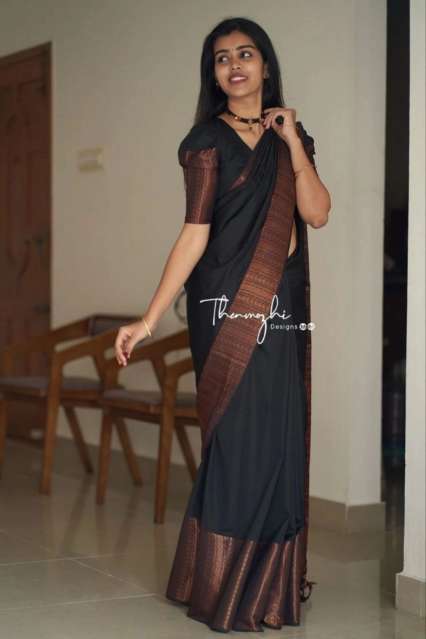 Soft Silk Saree with Copper Jari Work, Rich Design, and Jacquard Border Blouse Piece-SRIline-NavyBlue