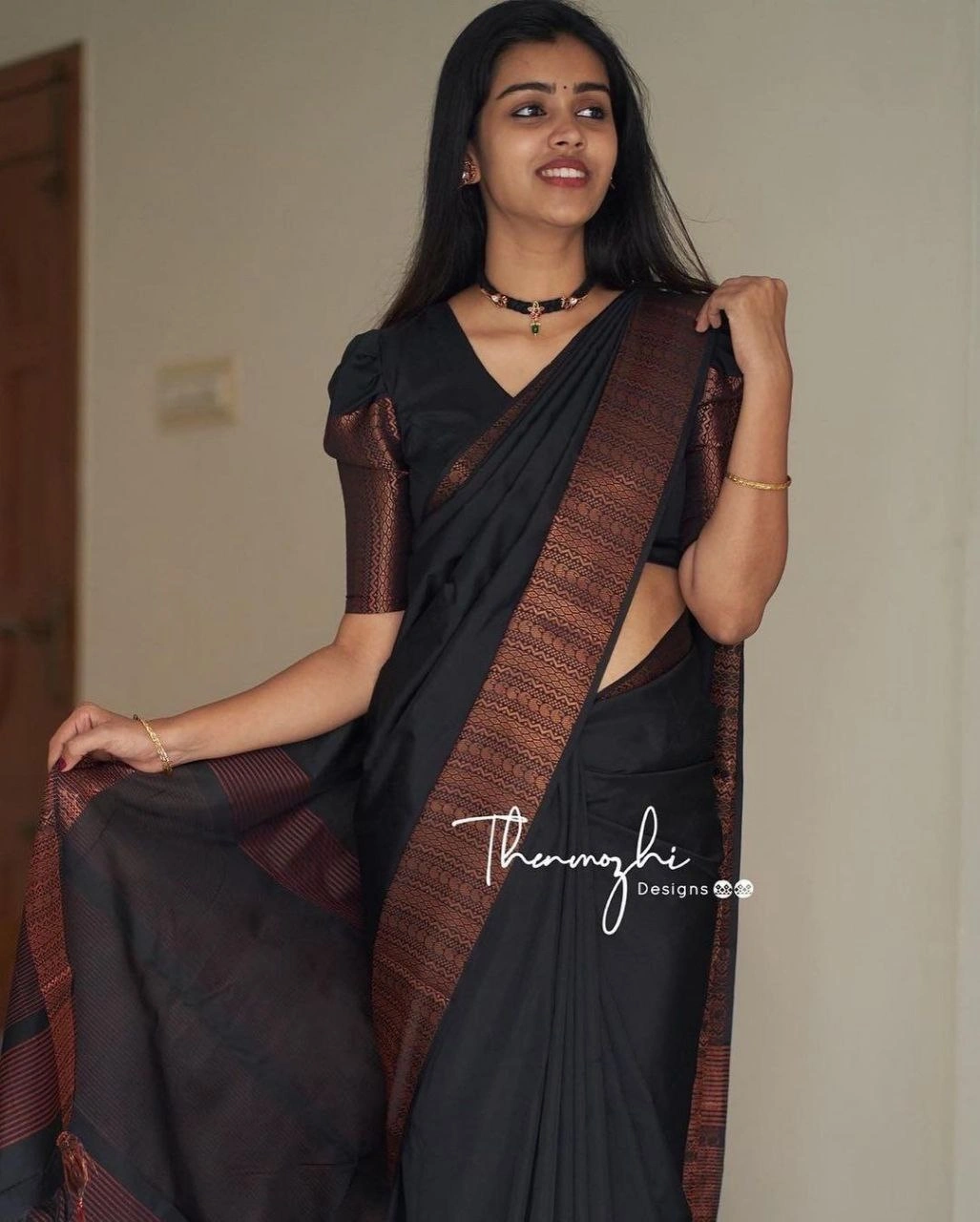 Soft Silk Saree with Copper Jari Work, Rich Design, and Jacquard Border Blouse Piece-Navy Blue-1