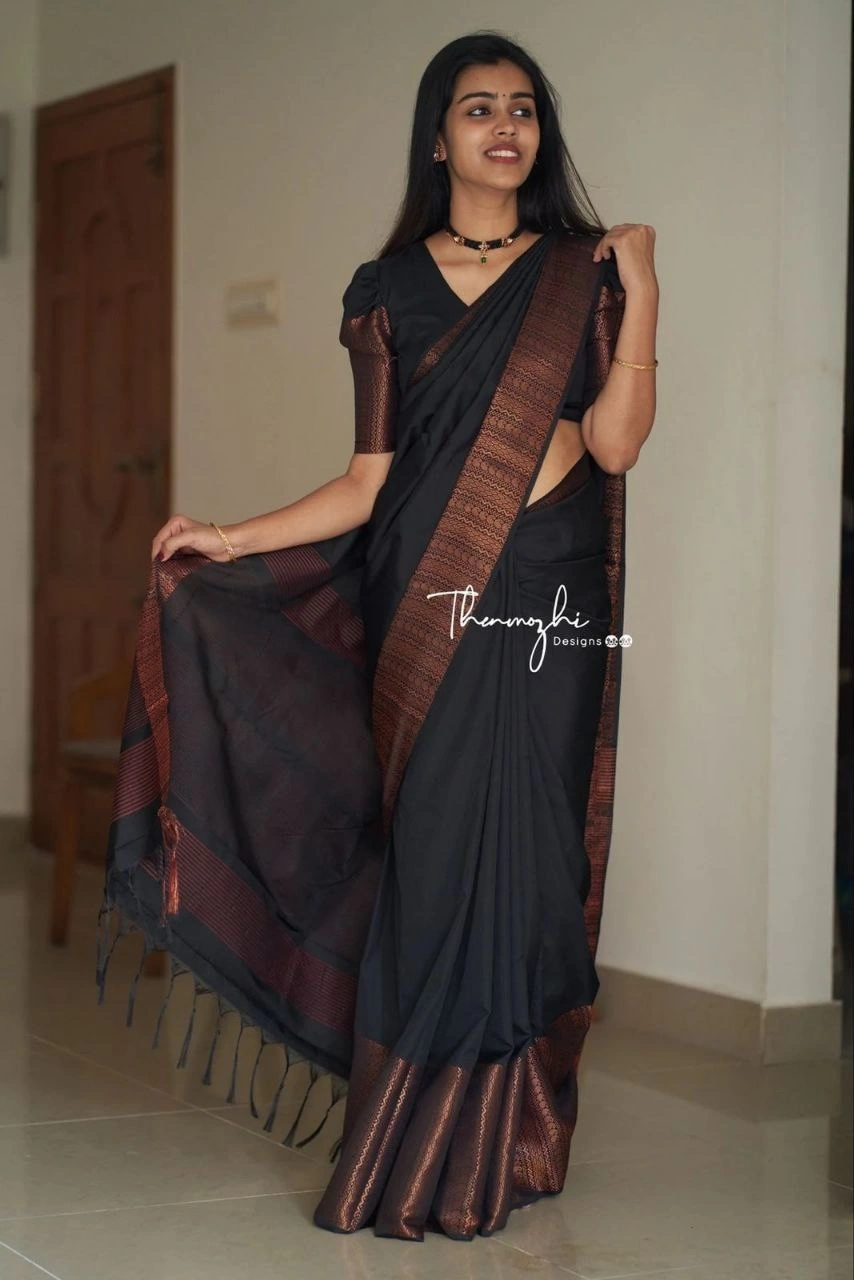 Soft Silk Saree with Copper Jari Work, Rich Design, and Jacquard Border Blouse Piece-Navy Blue-2