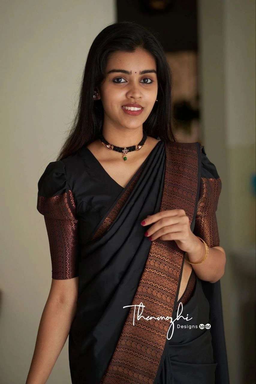 Soft Silk Saree with Copper Jari Work, Rich Design, and Jacquard Border Blouse Piece-Navy Blue-3