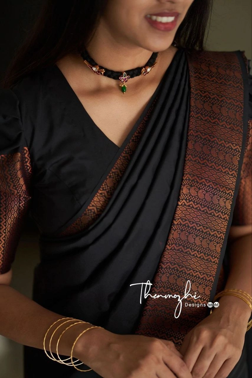 Soft Silk Saree with Copper Jari Work, Rich Design, and Jacquard Border Blouse Piece-Navy Blue-4