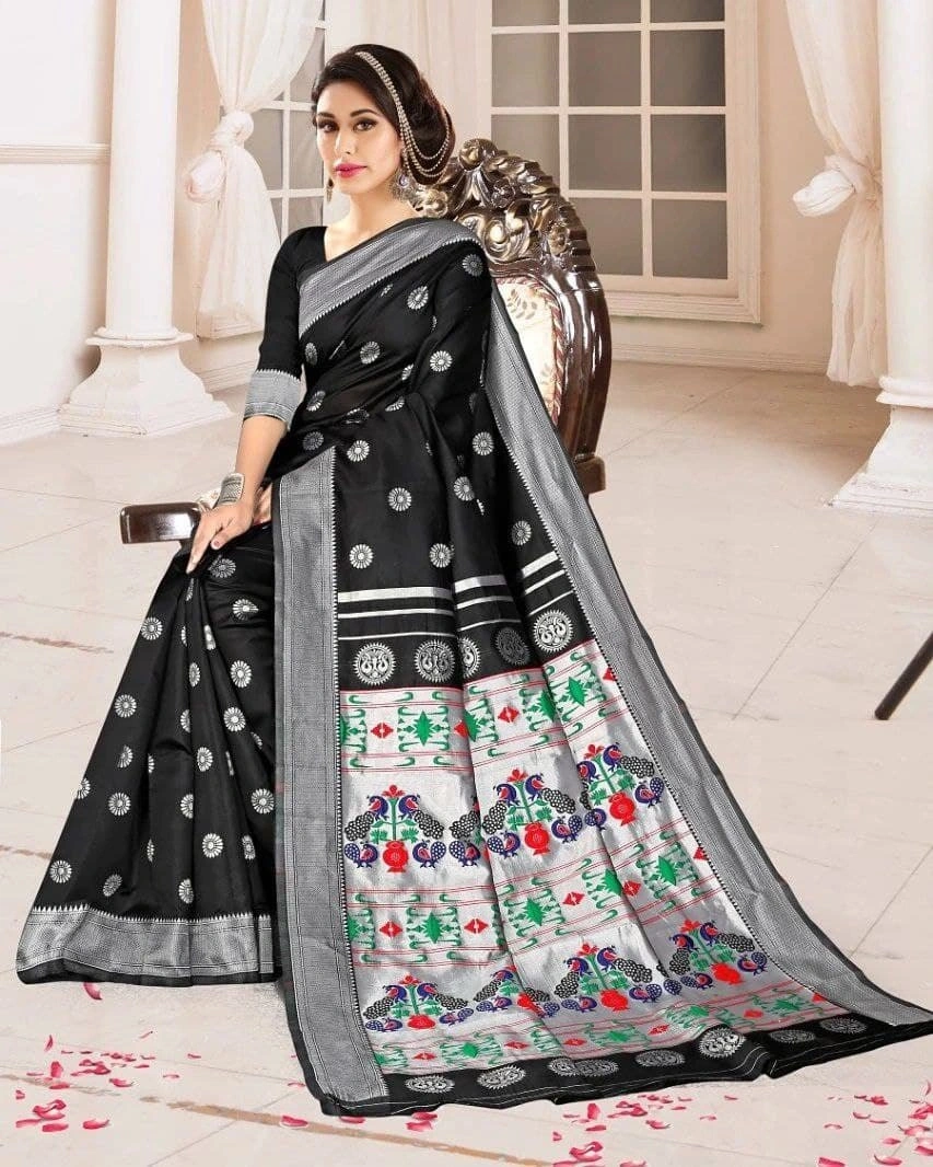 Elegant Soft Silk Saree with Silver Jari, Peacock Pallu &amp; Jaquard Border-Black-4