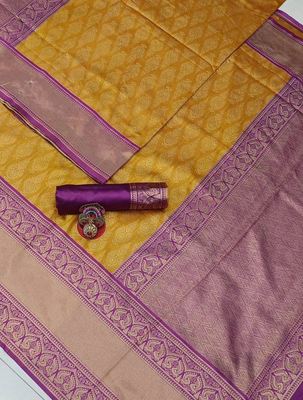 Soft Lichi Silk Saree with Golden Jari &amp; Heavy Jaquard Design - Rich Pallu &amp; Border-Yellow-5