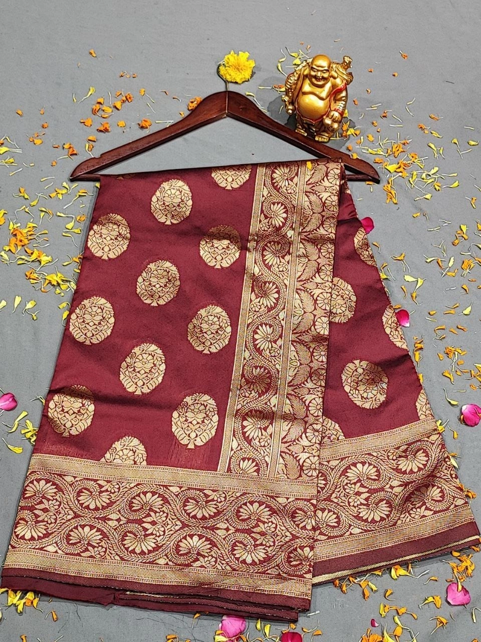 Soft Lichi Silk Saree with Golden Jari &amp; Heavy Jaquard Border, Rich Pallu &amp; Blouse Piece-Maroon-5