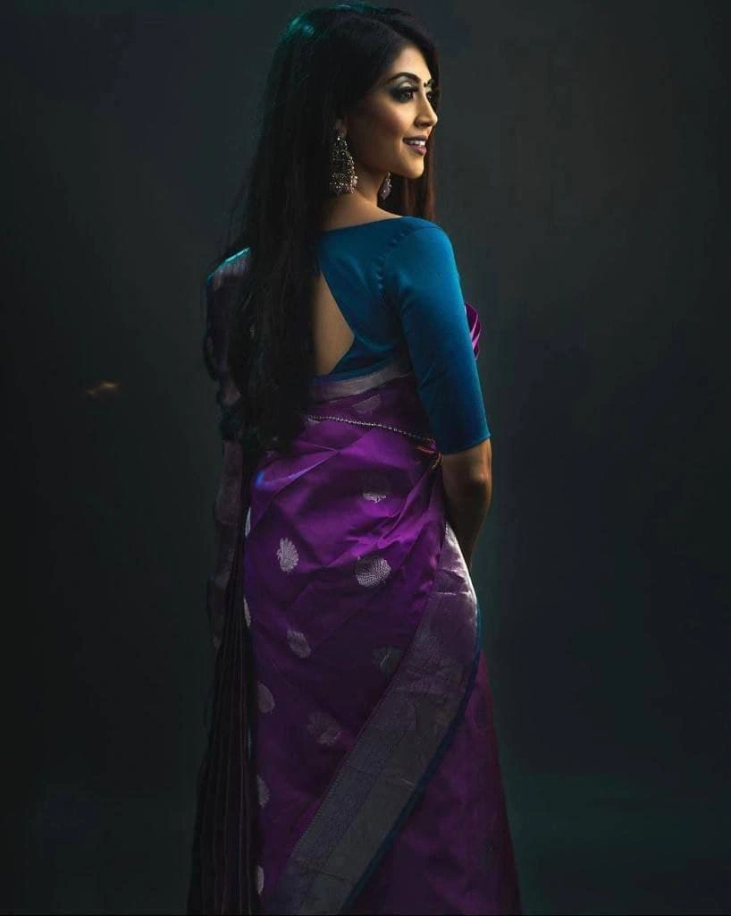 Soft Lichi Silk Saree with Silver Jari, Heavy Jaquard Border, Rich Pallu, and Blouse Piece-Purple-4