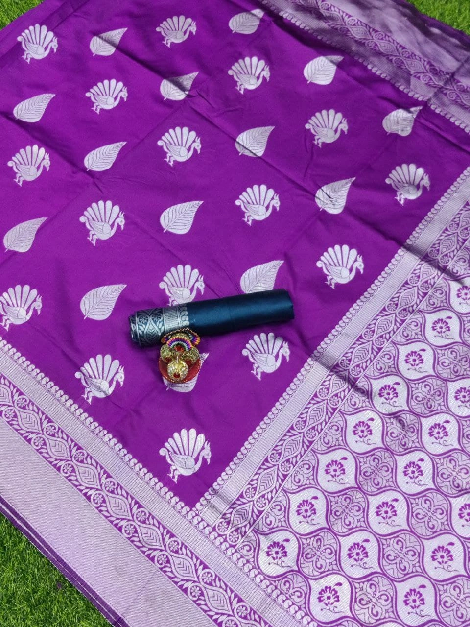 Soft Lichi Silk Saree with Silver Jari, Heavy Jaquard Border, Rich Pallu, and Blouse Piece-Purple-5