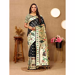 Soft Paithani Silk Saree with Meenakari Design, Zari Border & Silk Blouse Piece