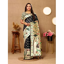Soft Paithani Silk Saree with Meenakari Design, Zari Border & Silk Blouse Piece