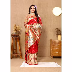 Soft Paithani Silk Saree with Meenakari Design, Zari Border & Silk Blouse Piece