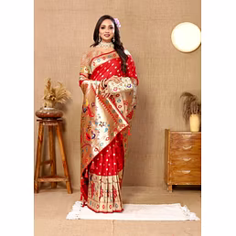 Soft Paithani Silk Saree with Meenakari Design, Zari Border & Silk Blouse Piece