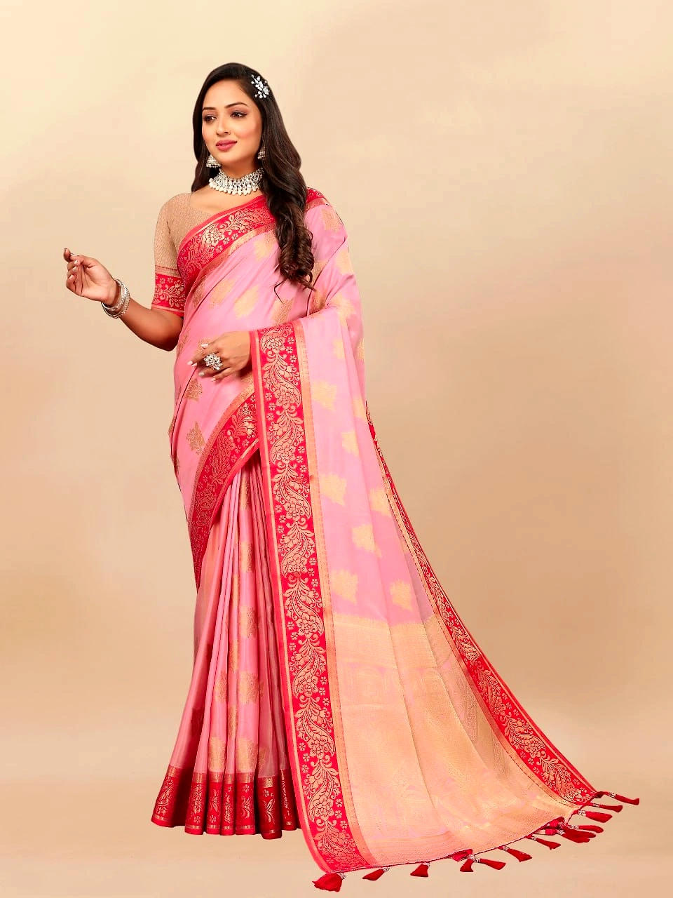 Soft Cotton Saree with Rich Zari Weaving Pallu, Contrast Border, and Silk Blouse Piece-RMNX-304-Pink