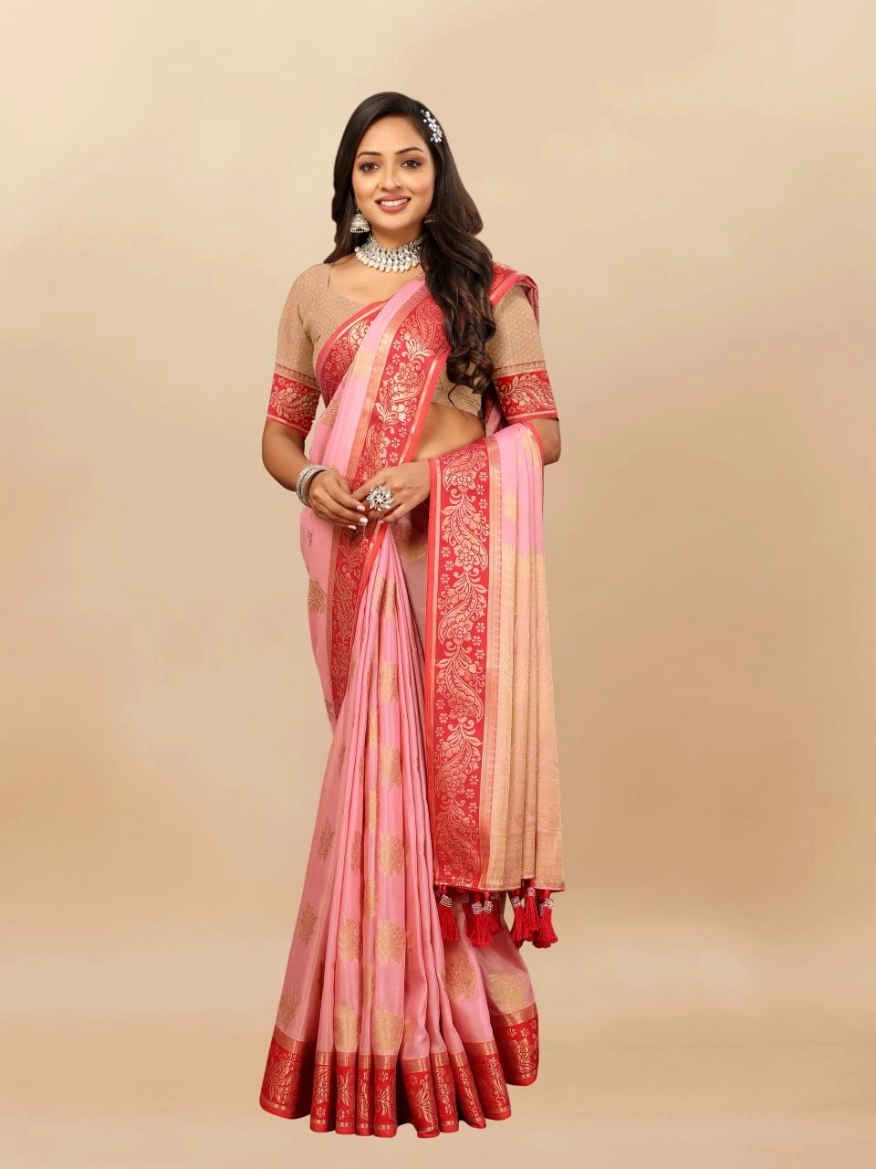 Soft Cotton Saree with Rich Zari Weaving Pallu, Contrast Border, and Silk Blouse Piece-Pink-1