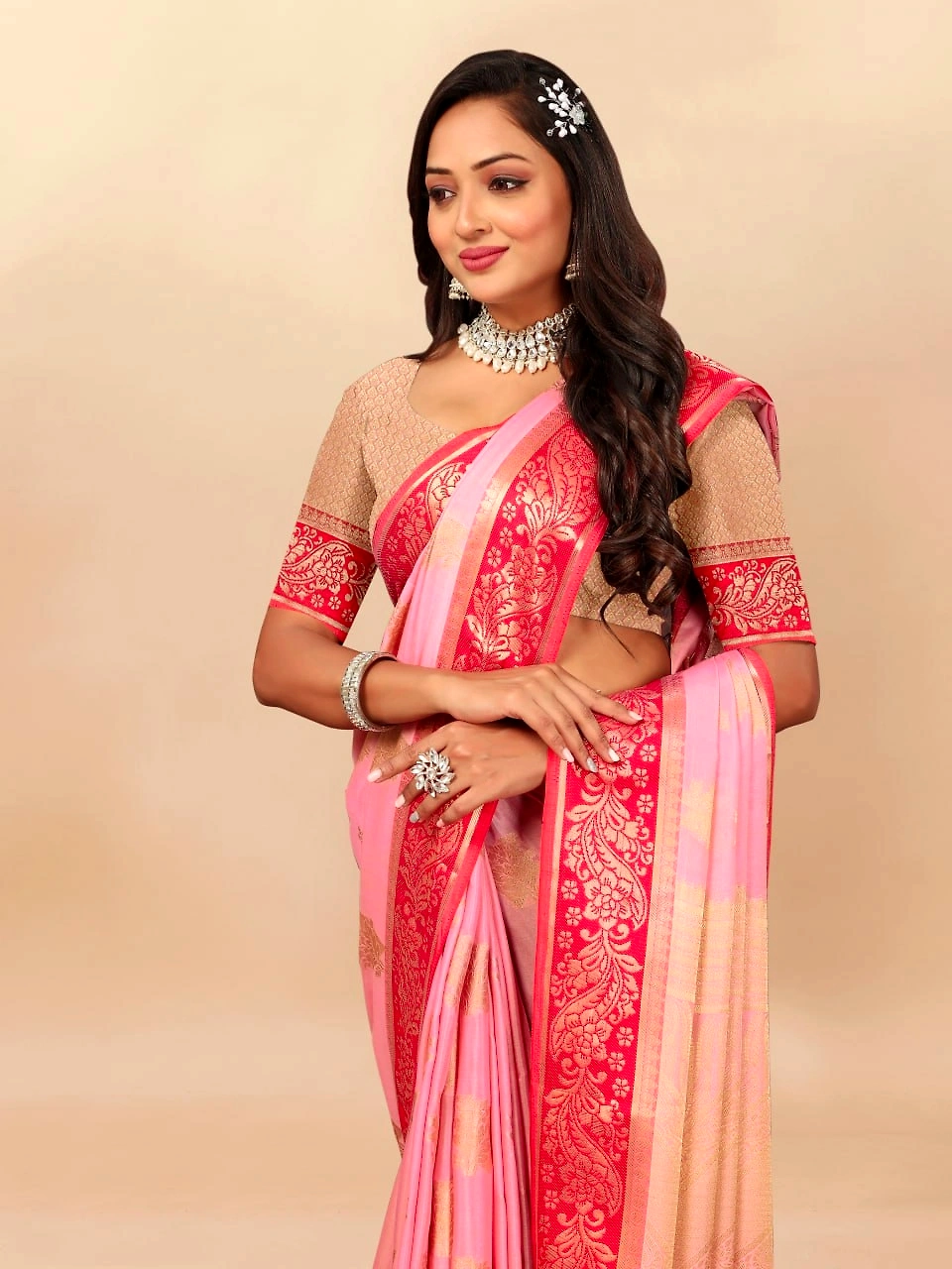 Soft Cotton Saree with Rich Zari Weaving Pallu, Contrast Border, and Silk Blouse Piece-Pink-2