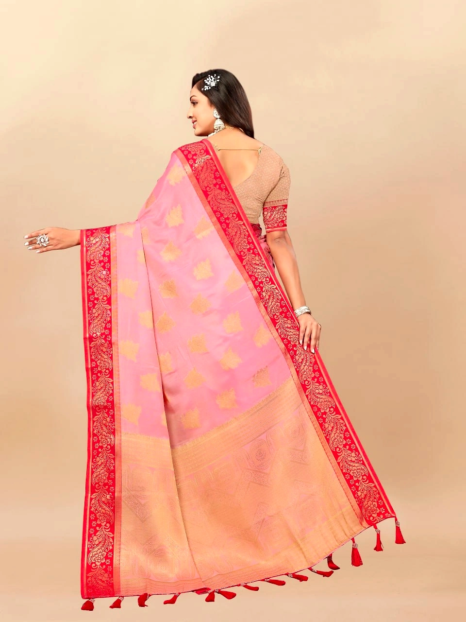 Soft Cotton Saree with Rich Zari Weaving Pallu, Contrast Border, and Silk Blouse Piece-Pink-3