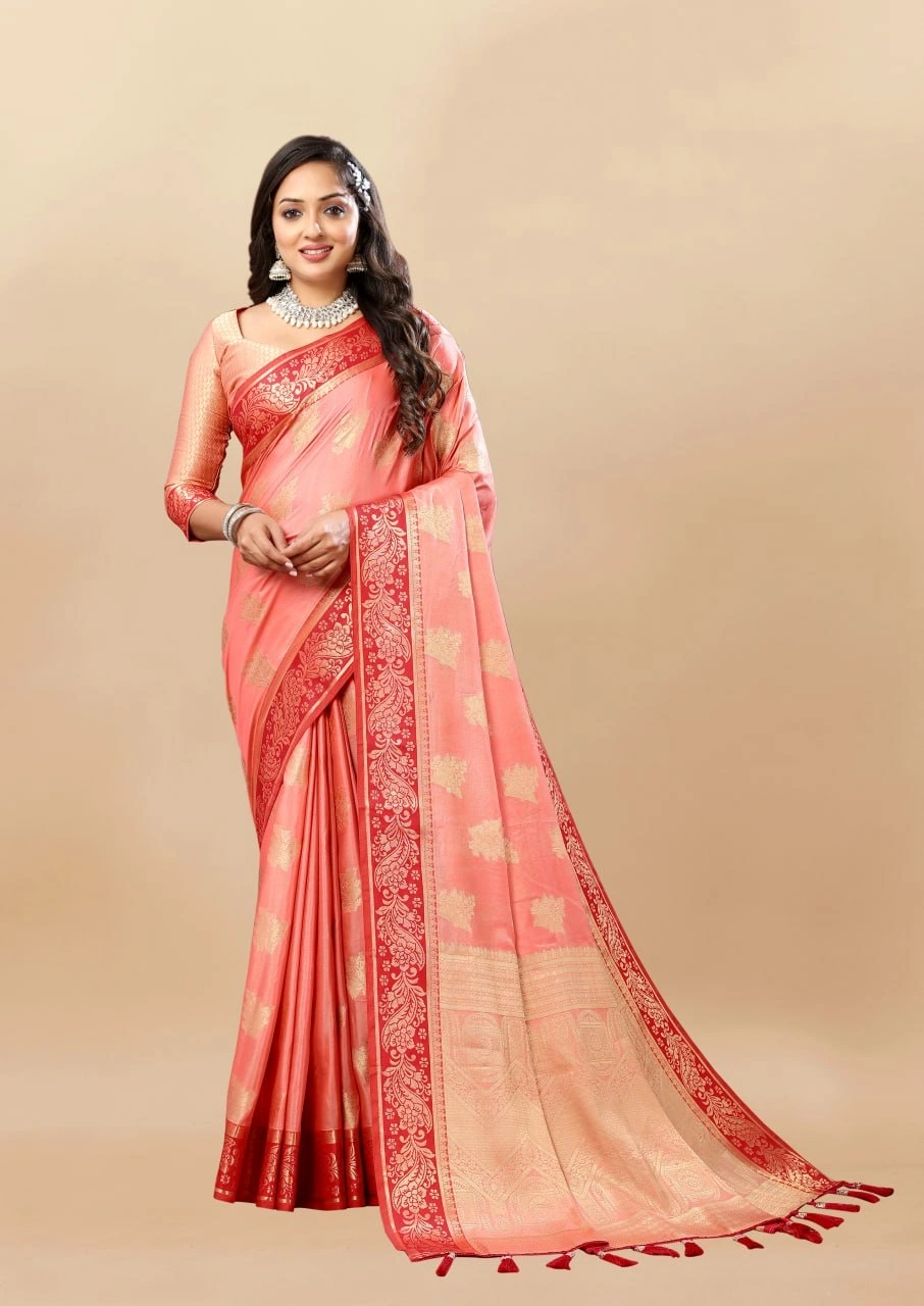 Soft Cotton Saree with Rich Zari Weaving Pallu, Contrast Border, and Silk Blouse Piece-RMNX-304-Peach