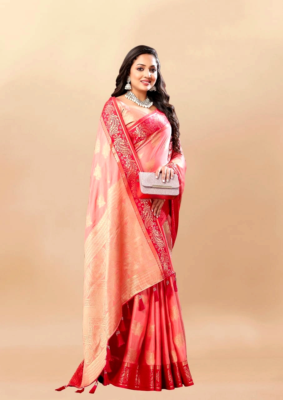 Soft Cotton Saree with Rich Zari Weaving Pallu, Contrast Border, and Silk Blouse Piece-Peach-1