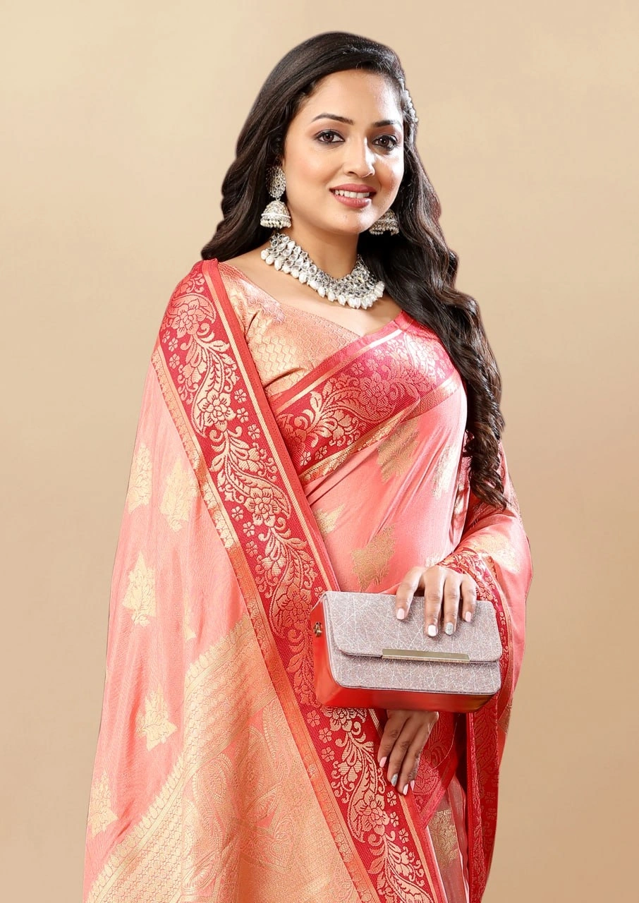 Soft Cotton Saree with Rich Zari Weaving Pallu, Contrast Border, and Silk Blouse Piece-Peach-2