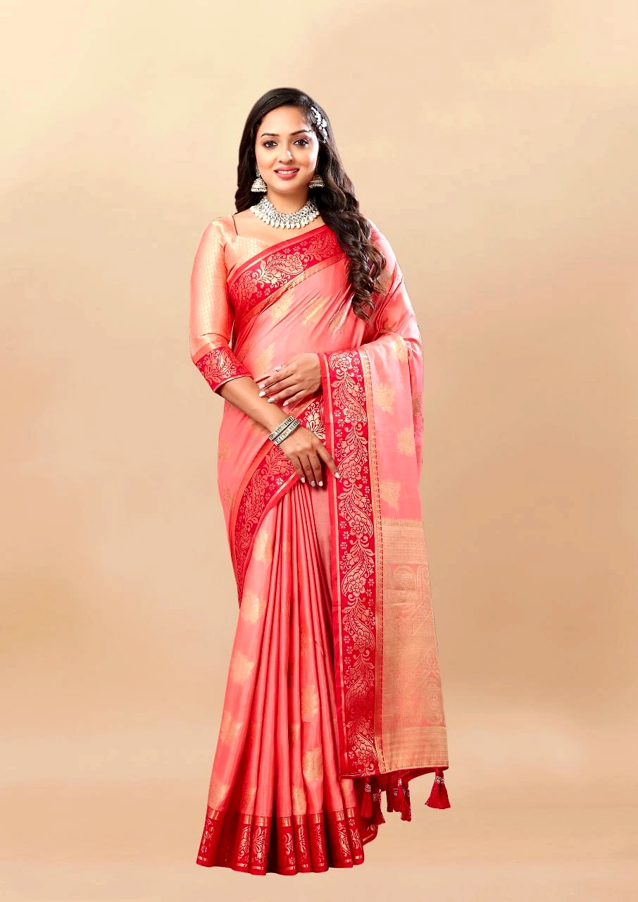 Soft Cotton Saree with Rich Zari Weaving Pallu, Contrast Border, and Silk Blouse Piece-Peach-3