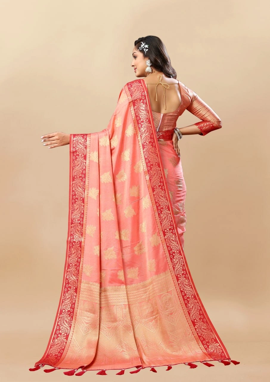 Soft Cotton Saree with Rich Zari Weaving Pallu, Contrast Border, and Silk Blouse Piece-Peach-4