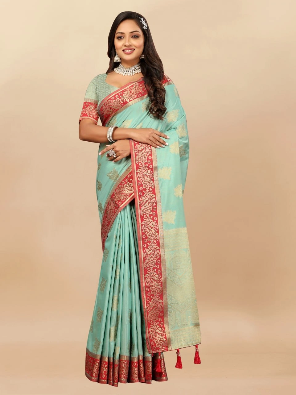 Soft Cotton Saree with Rich Zari Weaving Pallu, Contrast Border, and Silk Blouse Piece-Rama-1