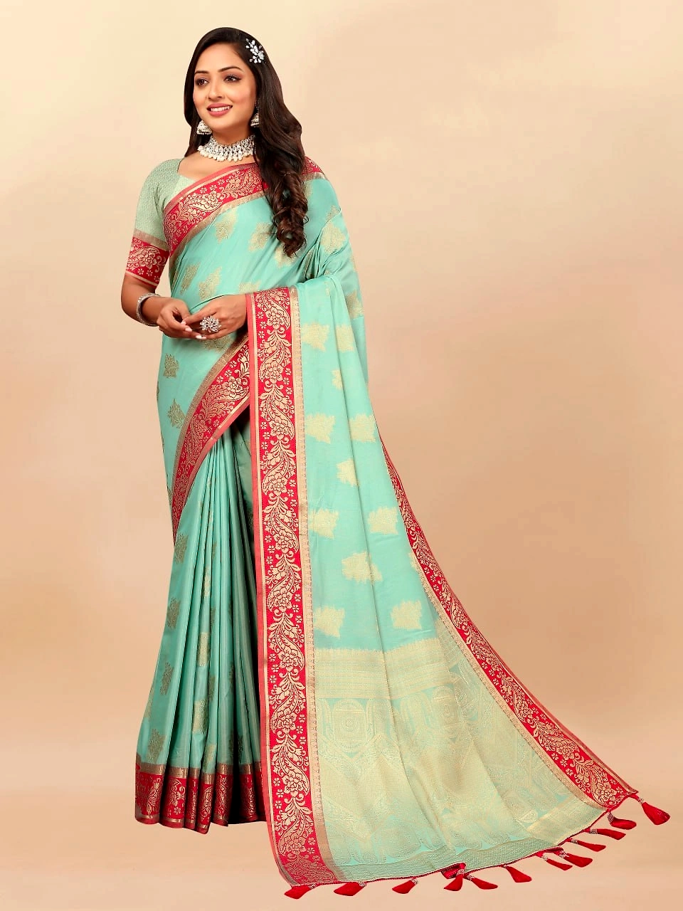 Soft Cotton Saree with Rich Zari Weaving Pallu, Contrast Border, and Silk Blouse Piece-Rama-2