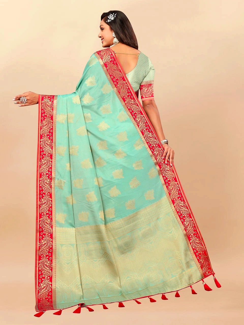 Soft Cotton Saree with Rich Zari Weaving Pallu, Contrast Border, and Silk Blouse Piece-Rama-4