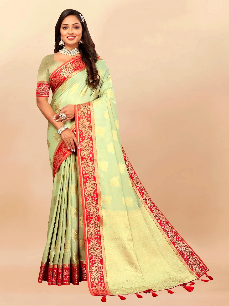 Soft Cotton Saree with Rich Zari Weaving Pallu, Contrast Border, and Silk Blouse Piece-RMNX-304-Pista