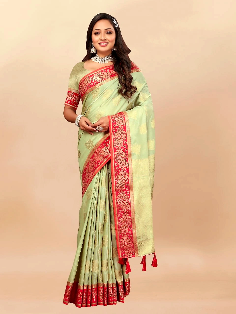 Soft Cotton Saree with Rich Zari Weaving Pallu, Contrast Border, and Silk Blouse Piece-Pista-1