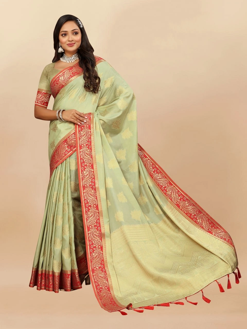 Soft Cotton Saree with Rich Zari Weaving Pallu, Contrast Border, and Silk Blouse Piece-Pista-2