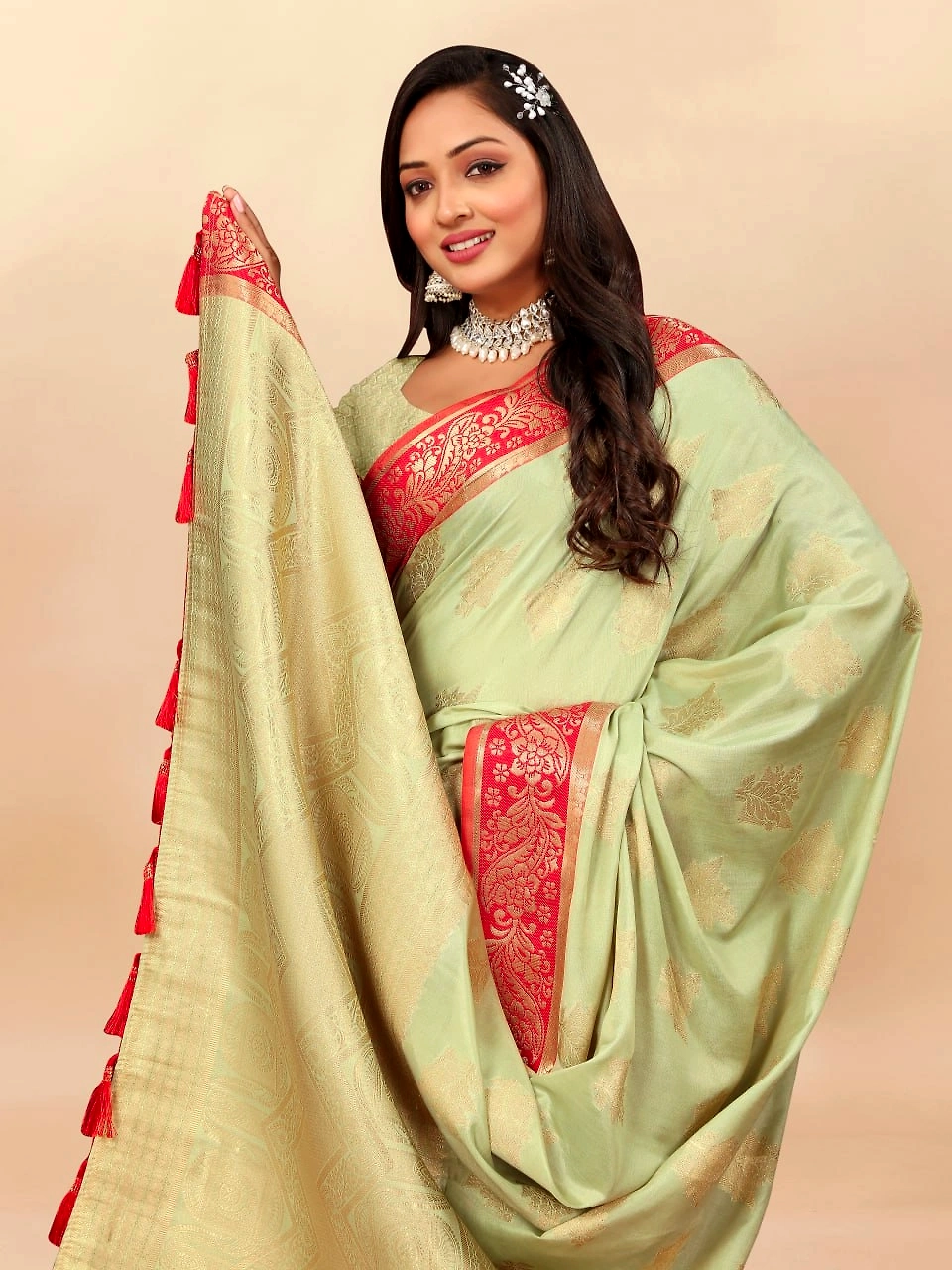 Soft Cotton Saree with Rich Zari Weaving Pallu, Contrast Border, and Silk Blouse Piece-Pista-3