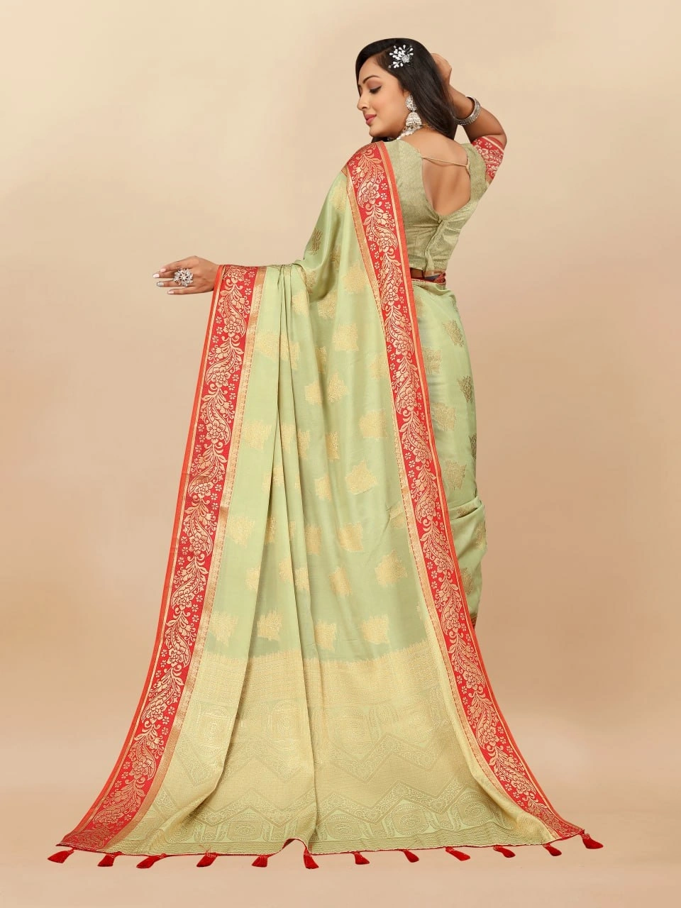 Soft Cotton Saree with Rich Zari Weaving Pallu, Contrast Border, and Silk Blouse Piece-Pista-4