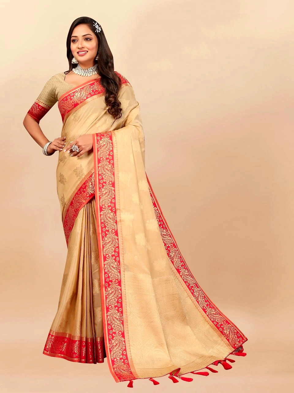 Soft Cotton Saree with Rich Zari Weaving Pallu, Contrast Border, and Silk Blouse Piece-RMNX-304-Beige