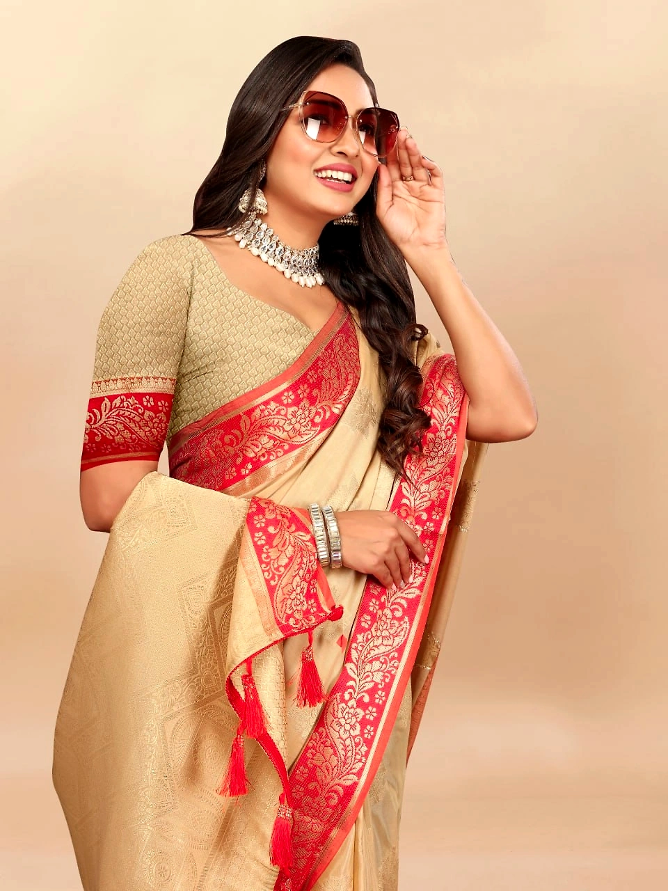 Soft Cotton Saree with Rich Zari Weaving Pallu, Contrast Border, and Silk Blouse Piece-Beige-1