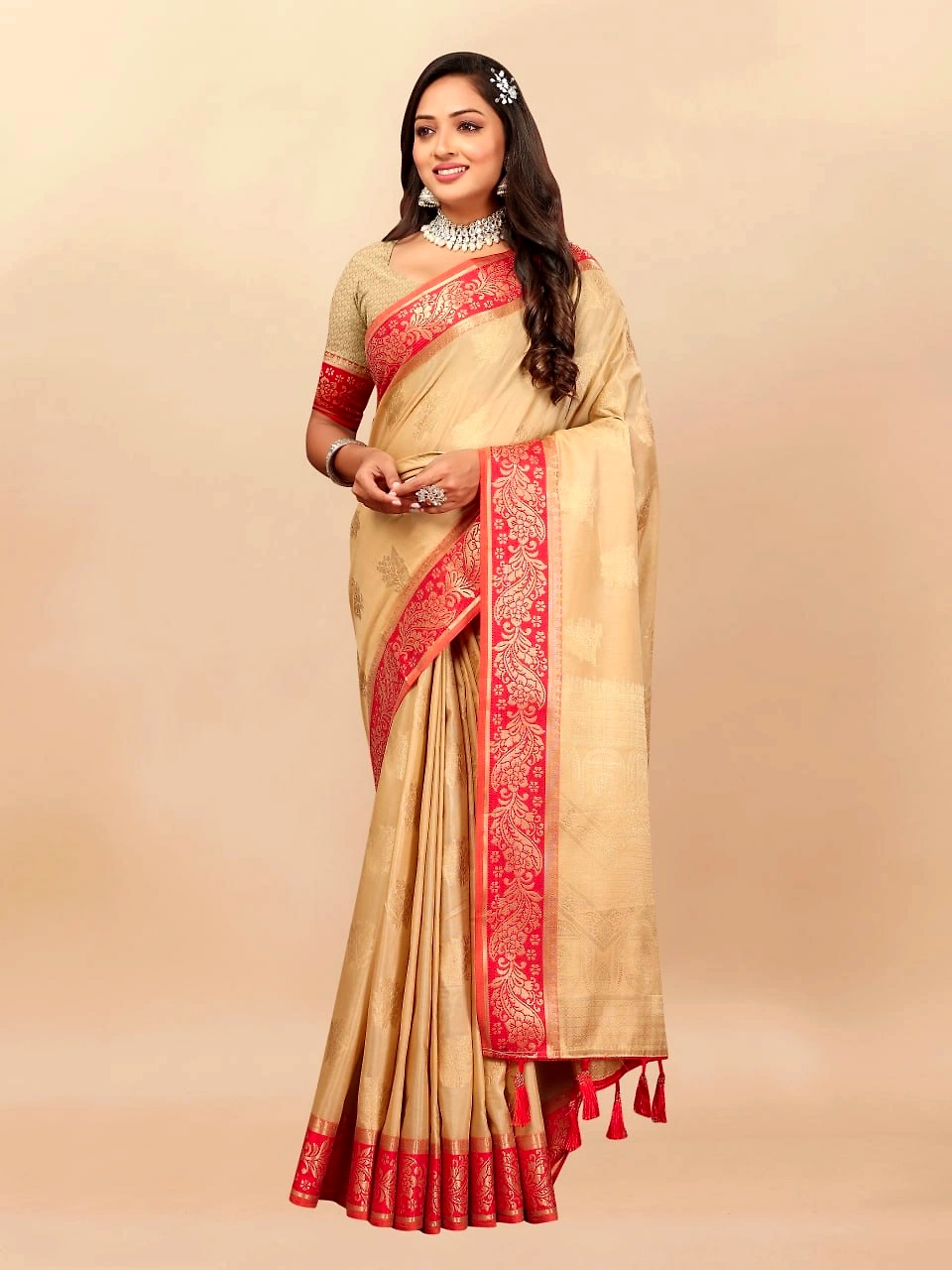 Soft Cotton Saree with Rich Zari Weaving Pallu, Contrast Border, and Silk Blouse Piece-Beige-2