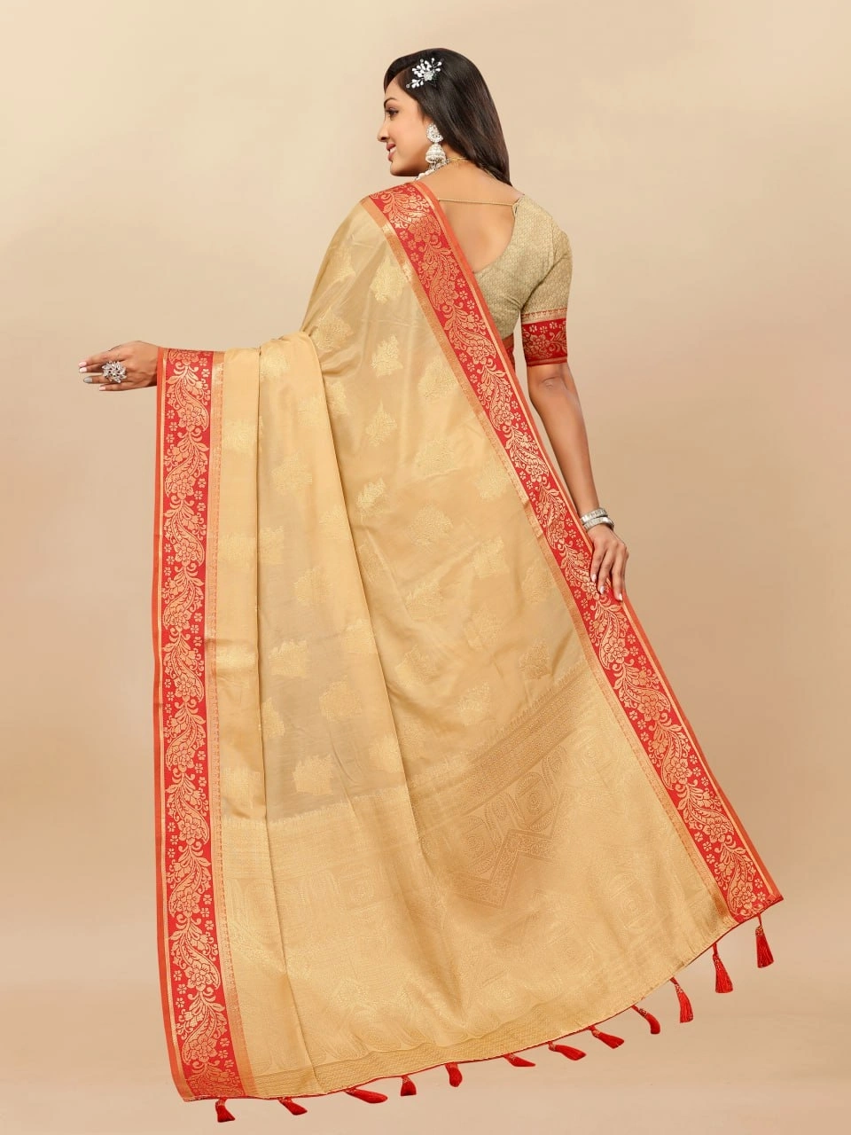 Soft Cotton Saree with Rich Zari Weaving Pallu, Contrast Border, and Silk Blouse Piece-Beige-3