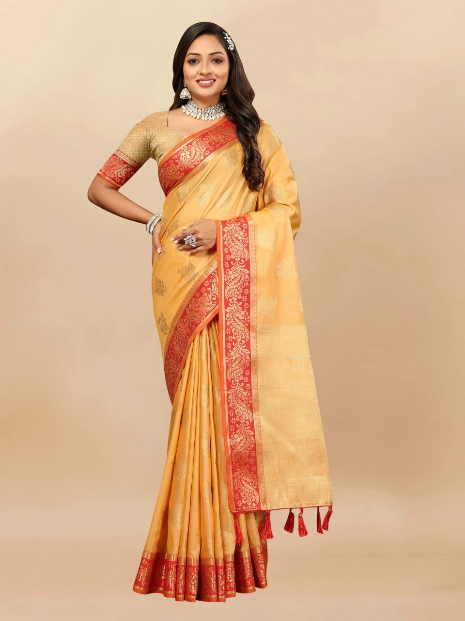 Soft Cotton Saree with Rich Zari Weaving Pallu, Contrast Border, and Silk Blouse Piece-RMNX-304-Yellow