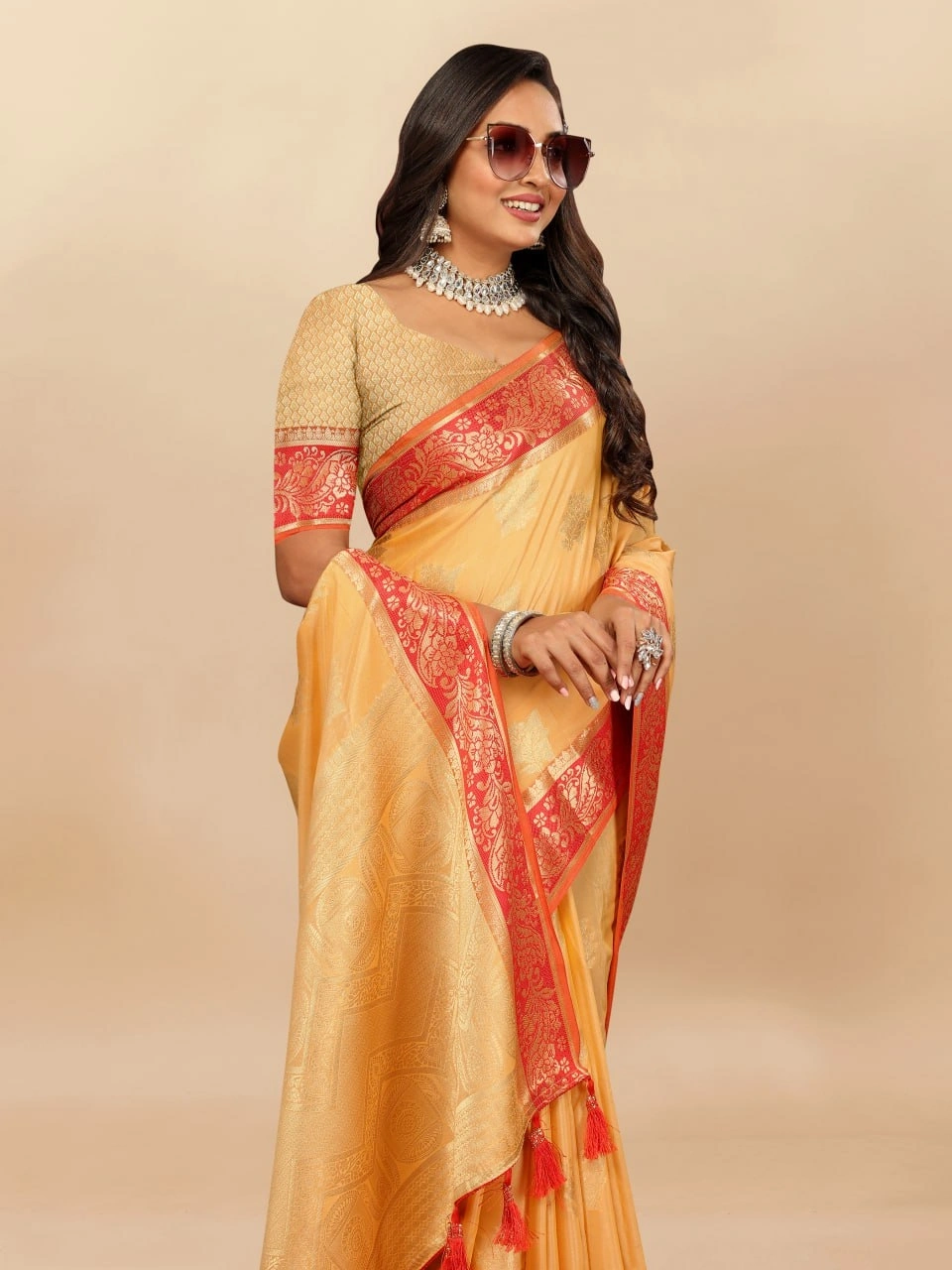 Soft Cotton Saree with Rich Zari Weaving Pallu, Contrast Border, and Silk Blouse Piece-Yellow-1