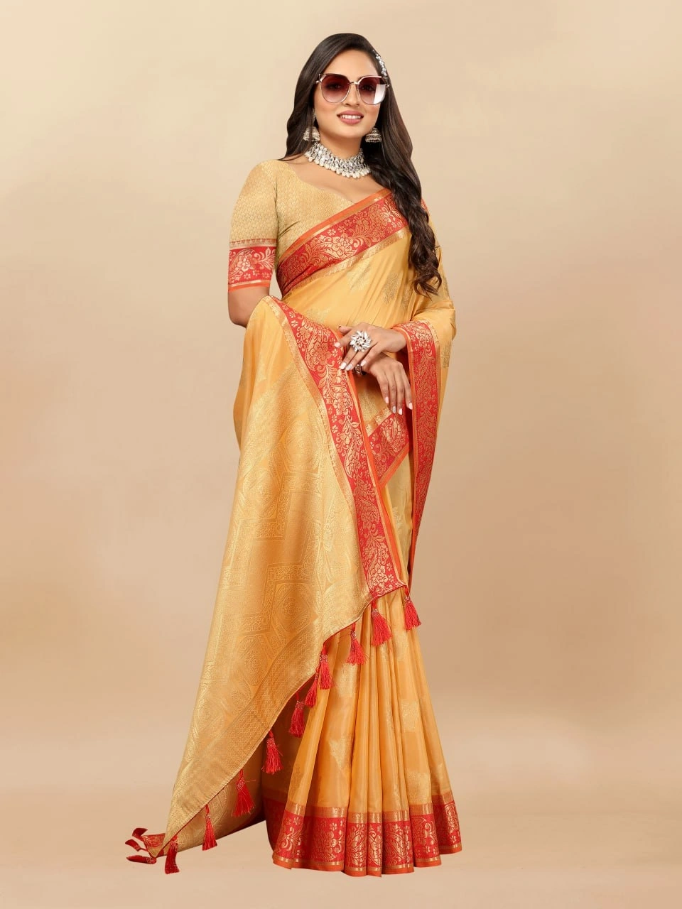 Soft Cotton Saree with Rich Zari Weaving Pallu, Contrast Border, and Silk Blouse Piece-Yellow-2