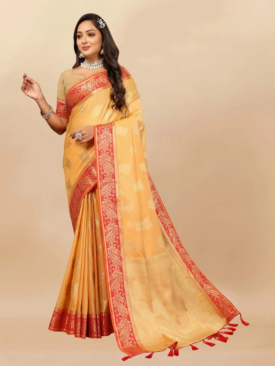 Soft Cotton Saree with Rich Zari Weaving Pallu, Contrast Border, and Silk Blouse Piece-Yellow-3