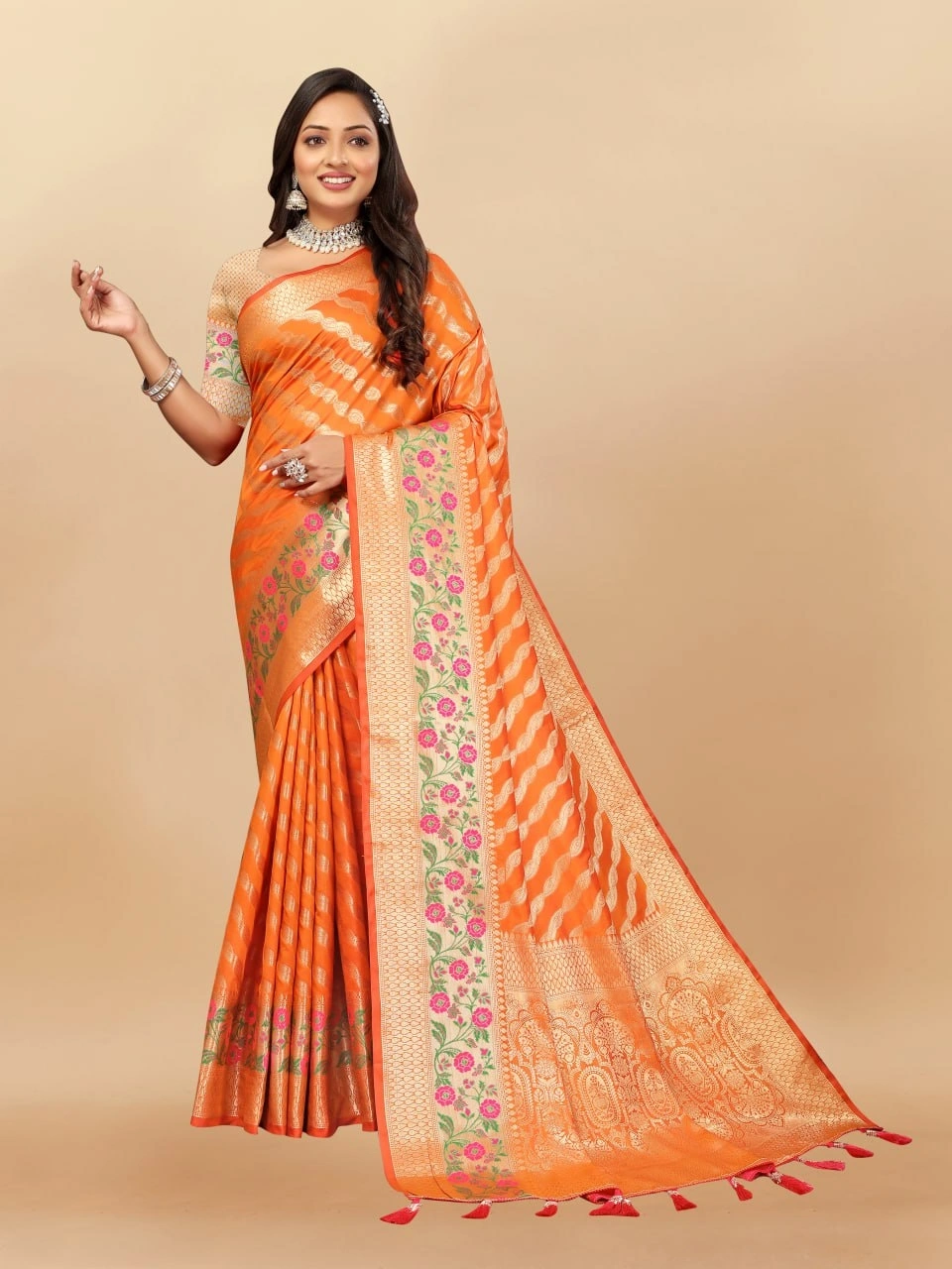 Soft Silk Saree with Gold Zari Lehriya, Rich Meenakari Weaving &amp; Tassel Pallu, Silk Blouse-RMNX-305-Orange