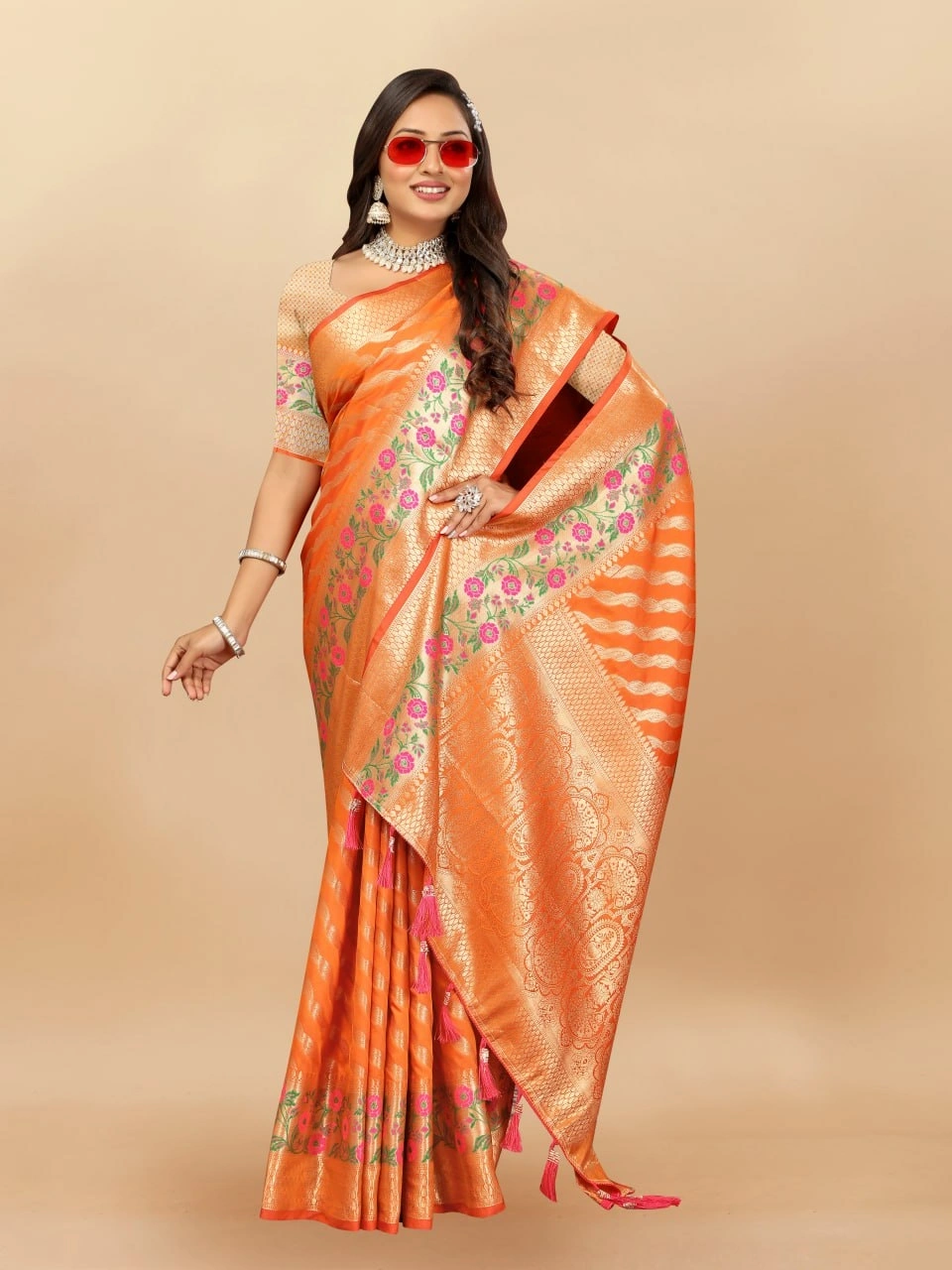 Soft Silk Saree with Gold Zari Lehriya, Rich Meenakari Weaving &amp; Tassel Pallu, Silk Blouse-Orange-1