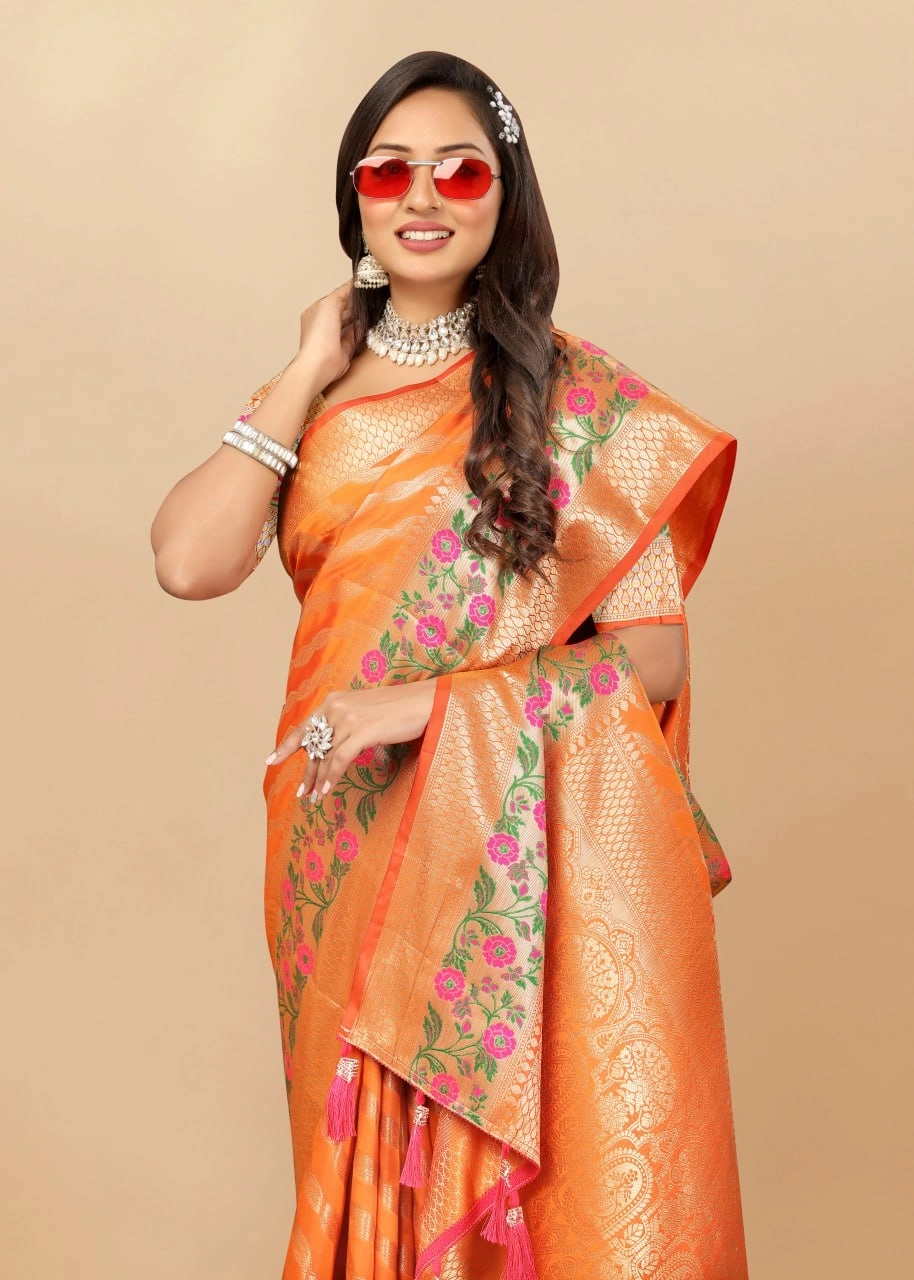 Soft Silk Saree with Gold Zari Lehriya, Rich Meenakari Weaving &amp; Tassel Pallu, Silk Blouse-Orange-2